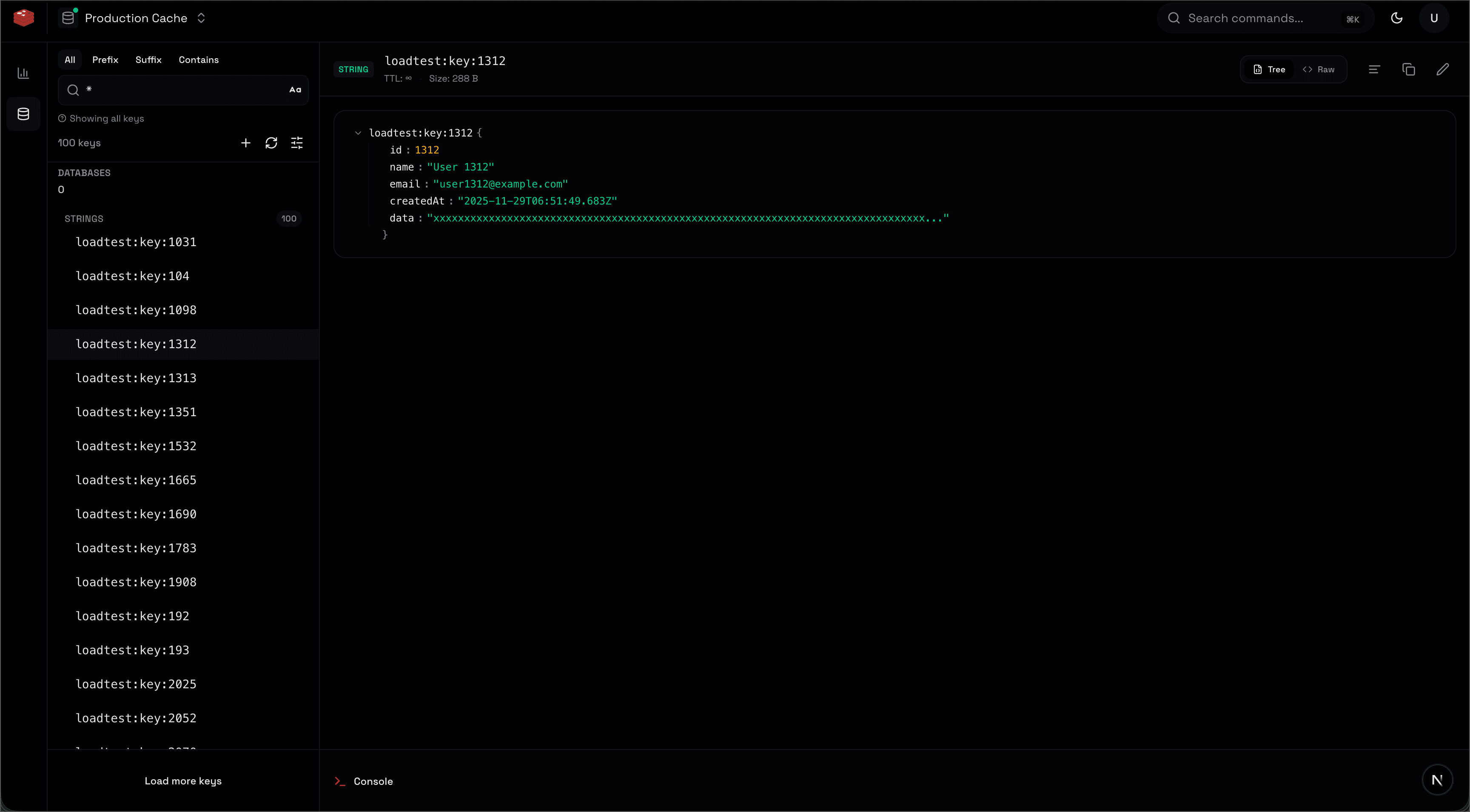 Redis Client key browser with a JSON tree view of a selected key